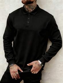男士黑色长袖 Polo 衫，商务休闲通勤舒适百搭上衣，春秋季 - 黑色 - 查看 3