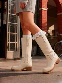 Women Campus Knee High Boots Square Toe Riding Boots Vintage Pull On Riding Boots Wide Calf Boots Chunky Block Low Heel Moto Boots - 米色 - 查看 2