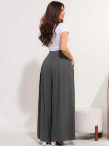 Wide-Leg, Loose-Fitting Palazzo Pants In Viscose/Lycra Knit Fabric With A Wide Waistband And High Waist And Pleats. - Dark Grey - View 5