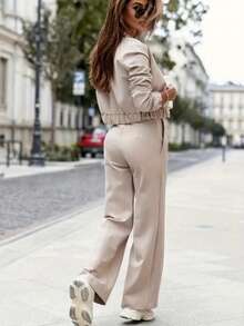 Conjunto de 2 piezas de chaqueta con botones y cuello y pantalones largos de unicolor elegante y casual para mujer, adecuado para la oficina, el transporte y el uso diario, conjunto de manga larga para primavera - Albaricoque - Ver 6