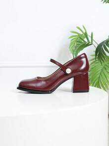 复古法式玛丽珍厚底粗跟高跟鞋，时尚女士新款派对魔术贴皮鞋，纯色优雅圆头大码高跟鞋，酒红色鞋跟 - 酒紅色 - 查看 3