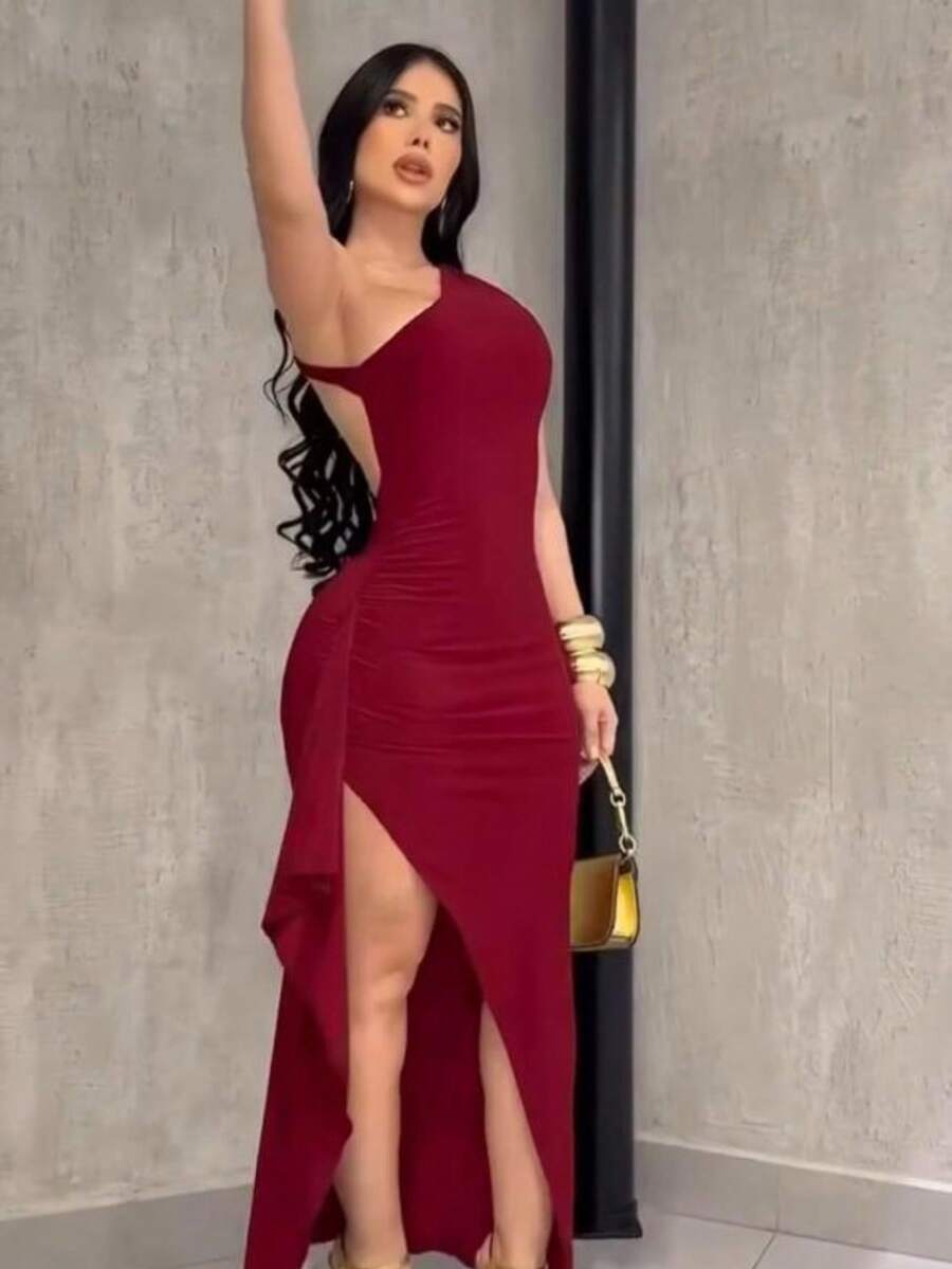 Vestido para casamento mula manca de alça com fenda na perna decote lateral suplex liso elegante festas sofisticado moda blogueirinha promoção 2025 costas abertas decote empina bumbum chique basico dia dai moda verão - Marsala - Visão 1