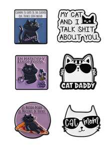 1set Of 3/6pcs Cat Lovers' Personalized Funny Cat Quotes, Brooches, Interesting Cat Creative Clothing, Bags, Accessories, Metal Alloy Badges - Multicolor - View 8