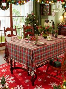 1pc Multi-Color Plaid Rectangular Tablecloth, Vintage Farmhouse Style Christmas Dining Table Home Decor Beige Tassel Design Dust-Proof Placemats, Suitable For Dining Room, Kitchen, Living Room, Bedroom, Holiday Party Decoration