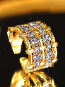 1pc Luxury Dual-Tone Hollow Knitted Couple Wedding Ring, Fashion Geometric Cubic Zirconia Copper Ring, Women's Birthday, Date, Engagement, Christmas Gift - Yellow Gold - View 8