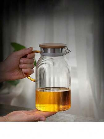 1pc High Borosilicate Glass Vertical Stripe Water Pitcher, Large Capacity Juice Carafe, Bamboo Lid Steel Water Pitcher, Cold Water Jug
