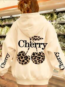 1 pieza Sudadera de manga larga con estampado de cerezas y leopardo para niñas, cómoda y de moda, adecuada para otoño e invierno, uso diario