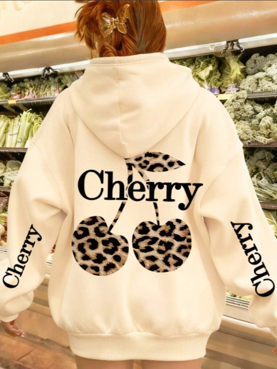 1 pieza Sudadera de manga larga con estampado de cerezas y leopardo para niñas, cómoda y de moda, adecuada para otoño e invierno, uso diario