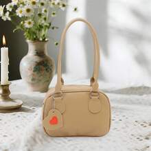 Polyurethane Shoulder Bag for Women Cute Handbag with Heart Shaped Tag for Everyday Use - Caqui - Ver 3