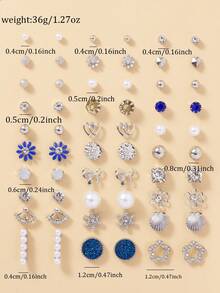 30对/套 雪花、星星、花朵、水钻、蝴蝶结、贝壳耳钉，金属仿珍珠，简约可爱设计，适合日常休闲佩戴，珠宝礼盒套装 - 彩色 - 查看 6