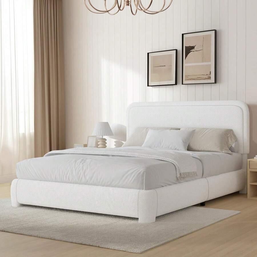 Bed Frame, Upholstered Bed Frame With Headboard, Boucle Soft Bed For Bedroom, Easy Assembly, Twin/ Full/ Queen/ King/ Cal King, White/ Beige/ Black/ Rose Pink/ Light Grey/ Grey/ Green - 白色 - 查看 1