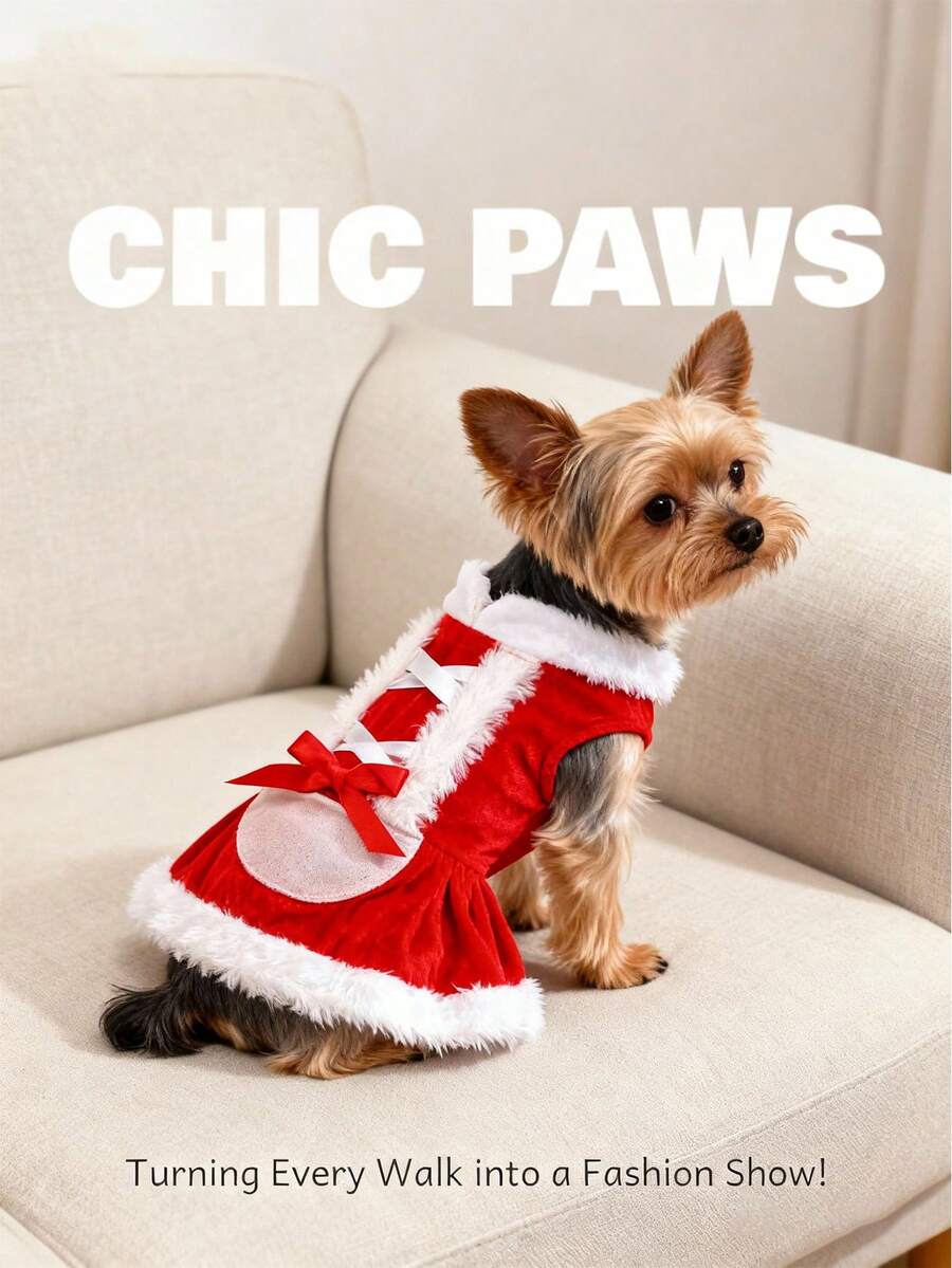 holdhoney Chic Paws Christmas Dog Dress - Pet Costume With White Furry Trim & Bow Detail, Fashionable Holiday Outfit For Yorkie & Small Dogs, Ideal For Christmas Parties, Festive Walks, Family Gatherings & Pet Fashion Shows, Make Your Pet The Star Of Every Holiday Occasion!