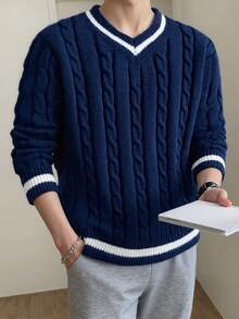 1pc Teen Boys V-Neck Knit Sweater, Elegant & Comfortable Versatile Collegiate Style Knitwear, Suitable For Gatherings, Outings, Back To School - Màu xanh hải quân - Xem 3