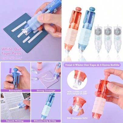 Valitner White Correction Out Tape Retractable Correction Tapes With 3 Extra Refills 6M/236" X 0.2" Instant Corrections Easy To Use Applicator For School Office Blue And Pink