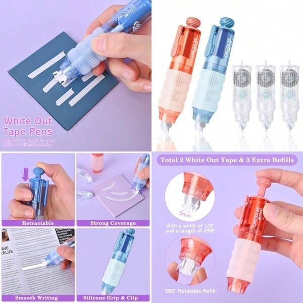 Valitner White Correction Out Tape Retractable Correction Tapes With 3 Extra Refills 6M/236" X 0.2" Instant Corrections Easy To Use Applicator For School Office Blue And Pink