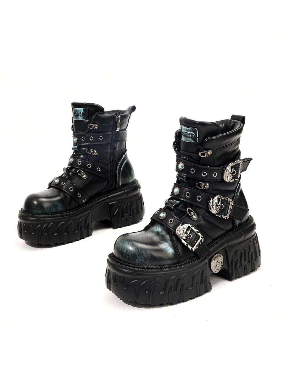 Autumn/Winter Gothic Cyberpunk Style Lace-Up Platform Boots, Retro Fashion Thick Sole Shoes For Women