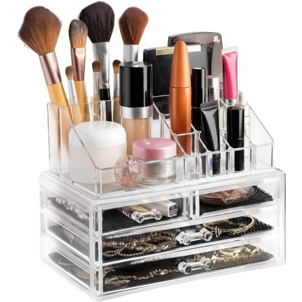 Clear Cosmetic Storage Organizer Easily Organize Your Cosmetics Jewelry And Hair Accessories. Looks Elegant Sitting On Your Vanity Bathroom Counter Or Dresser. Clear Design For Easy Visibility.