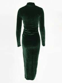 High Neck Long Sleeve Ruched Slit Maxi Party Dress, Fashionable And Sexy, Wedding Guest Cocktail Dress - Dark Green - View 5