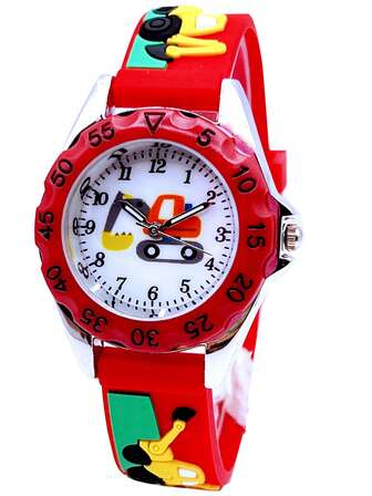 可爱红色拖拉机挖掘机3D卡通儿童石英表，送给男孩的礼物