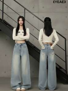 YEAE | Fashionable Retro High Waist Straight Leg Wide Leg Jeans, Casual Versatile American Style Long Pants For Women - Dusty Blue - View 2
