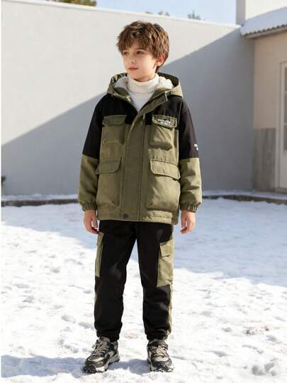 2pcs/Set Boys' Outdoor Windproof Patchwork Casual Jacket And Cargo Pants Set