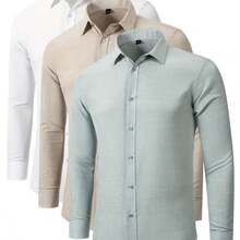 3pcs Breathable High-Quality Shirts For Men And Women, Forest-Themed Breathable Shirts, Business Formal Shirts, Casual Daily Shirts, Simple Vibrant Solid Color Shirts, Long Sleeve Button-Up Shirts, Romantic Island Beach Wedding & Proposal Shirts, Summer Autumn Forest Color Shirts, Men Shirt Long Sleeve, Shirt For Men, Long Sleeve Shirt Men, Men Clothe - 蒼黃 - 查看 2