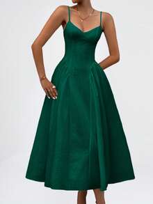 Unadoll 女士休闲性感低胸露背系带连衣裙，优雅设计，适合海滩度假、约会、日常穿着、生日、派对、情人节等夏季场合。 - 墨綠色 - 查看 11