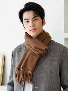 1pc Men's Black Warm Scarf, Autumn/Winter Faux Cashmere Windproof Neck Warmer, Unisex Student Scarf For Outfit - Black - View 1