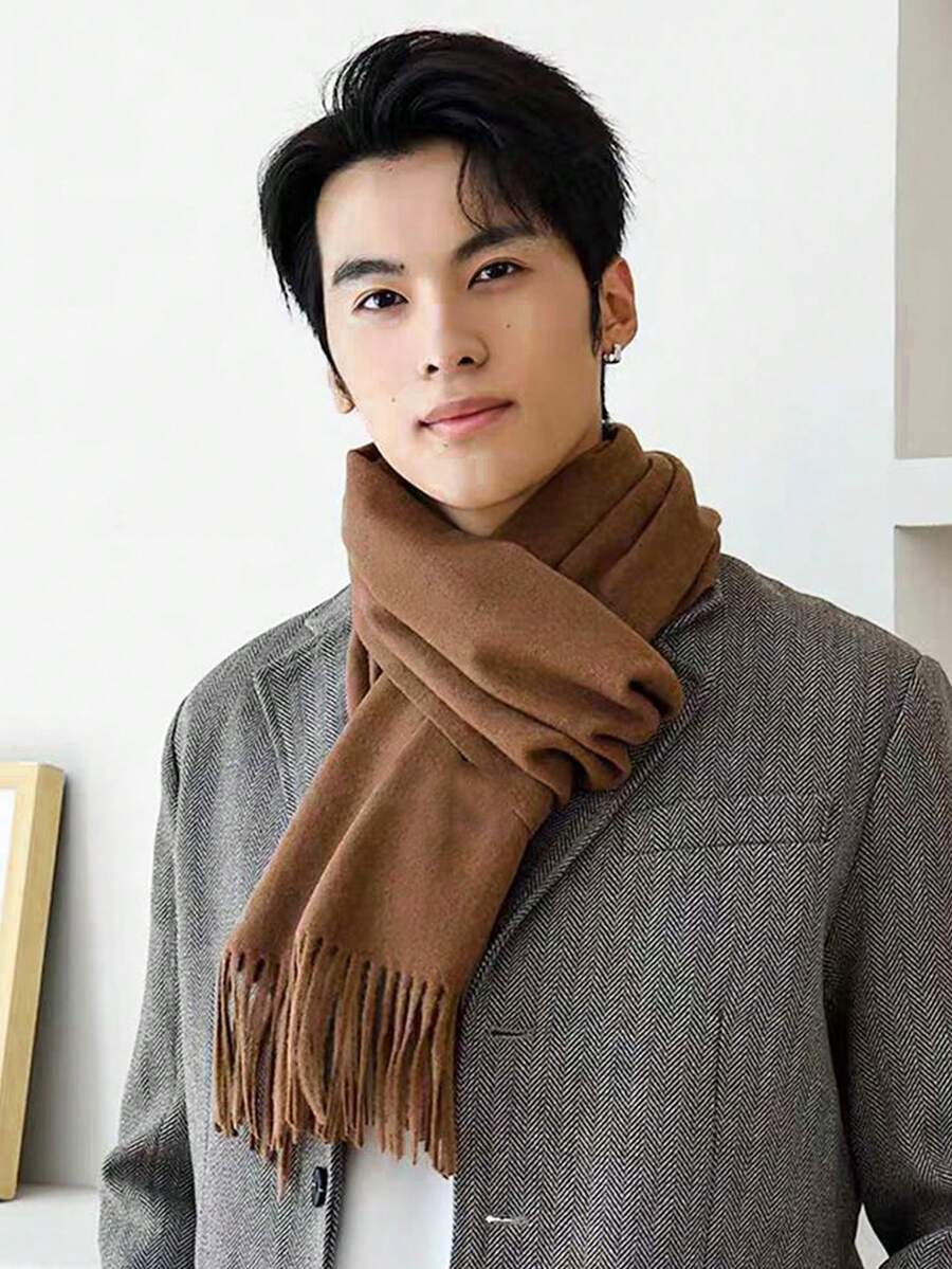 1pc Men's Black Warm Scarf, Autumn/Winter Faux Cashmere Windproof Neck Warmer, Unisex Student Scarf For Outfit - Black - View 1