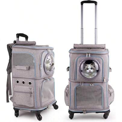 2-In-1 Pet Carrier Backpack For Two Cats Or One Dog With Puller & Roller, Green Double Compartments Carry Bag For Large Fat Cat And Puppy Traveling And Hiking, Space Capsule Clear Bubble Dome