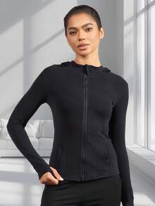 Women's Hooded Long Sleeve Sports Jacket With Thumbholes With Pockets, Breathable Athletic Casual Pullover, Sportswear, Fitness Clothing, Yoga Jacket, Fitness Clothing, Long Sleeve Cycling Sweatshirt, Women's Outdoor Sports Running Tops, Women's Yoga Hoodie Suitable For Running, Fitness, Yoga, Everyday Leisure - 黑色 - 查看 7