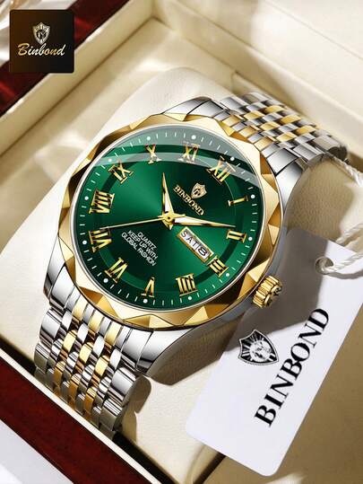 BINBOND 6367 Quartz Watch For Men Luxury Diamonds Gold Watch Waterproof Luminous Stainless Steel Business Men's Quartz Watch