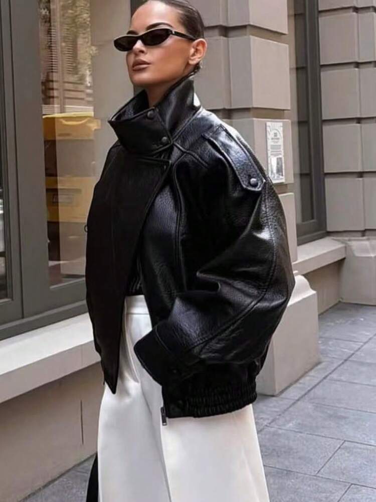 Jaqueta de Couro Solta Feminina para Outono e Inverno, Jaqueta de Motocicleta de Moda de Rua, Cor Sólida com Bolsos com Zíper Preto - Preto - Visão 2
