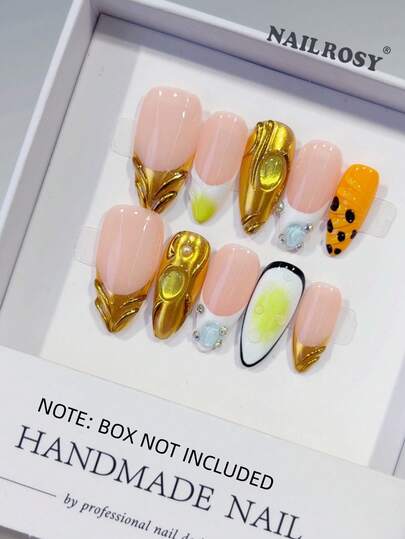 10片手工亚克力按压式美甲贴片，金色橙色波点透明中杏仁形甲片，短款3D立体花朵美甲用品，假指甲贴片，美甲工具，适用于婚礼、生日派对、Y2K风格美甲，可爱法式风格