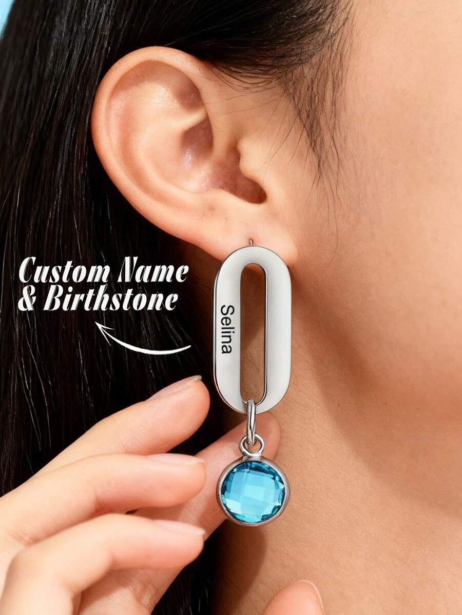 1pc Personalized Women's Birthstone Earrings, Custom Multiple Birthstone Earrings, Christmas Gift For Her, Birthday Gifts - Silver - View 1