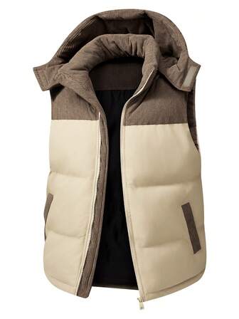 男士新款撞色加厚连帽户外休闲背心棉服外套，秋冬