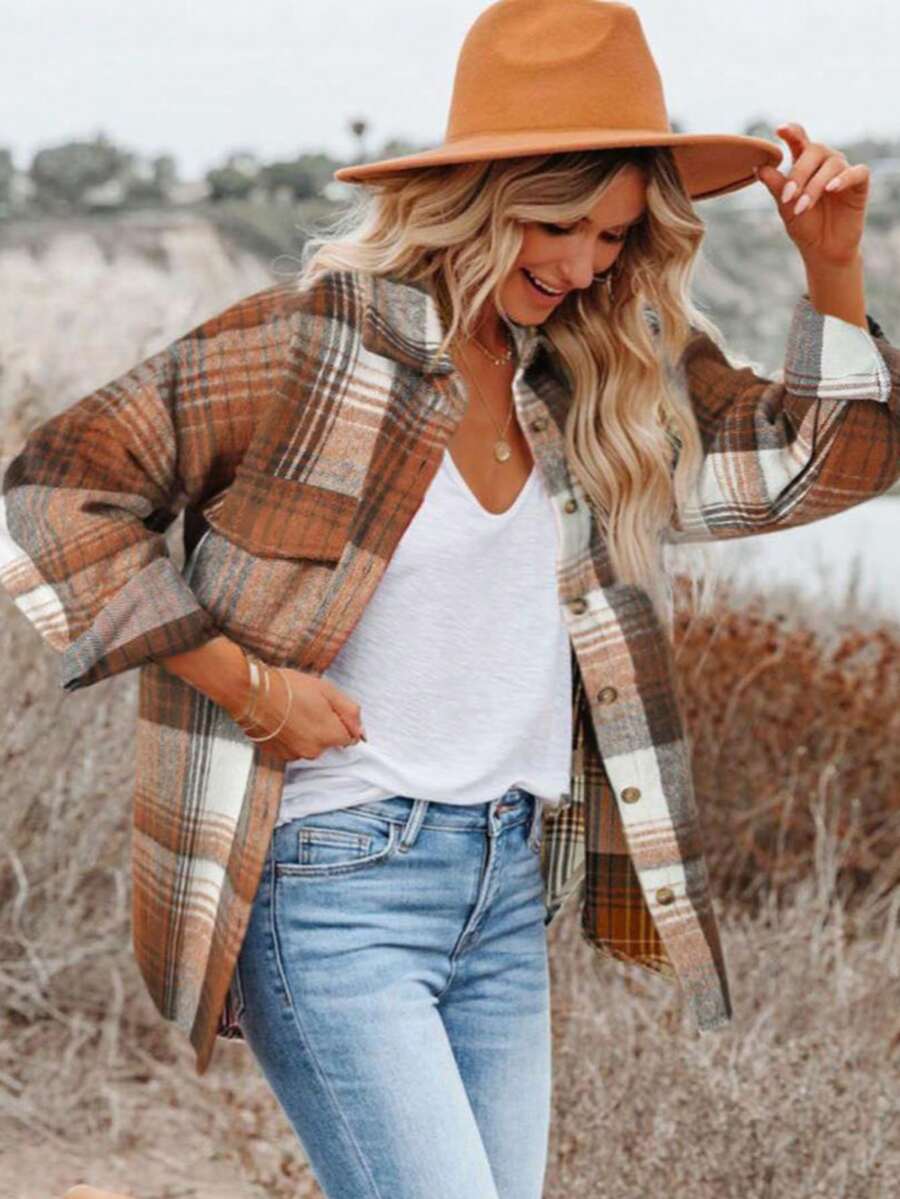 200g Retro Plaid Loose Flannel Shirt, American Casual Jacket, Lively Vibe, Casual Jacket, Cozy Knit Fabric - Brown - View 1