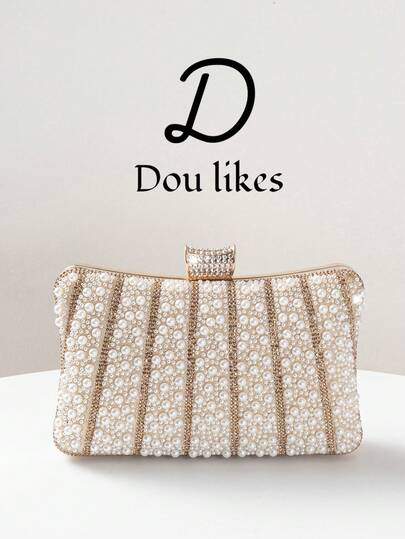 Elegant Champagne Pearl Evening Clutch Bag, Unique Clasp Design, High-End Engagement/Formal Dress Handbag With Metal Chain, Graceful Socialite Party/Wedding/Prom/Banquet Accessory, Perfect Match For Women's Graduation Gown, Prom Dress, Sequin Dress, Shiny Dress, Elegant Dress.