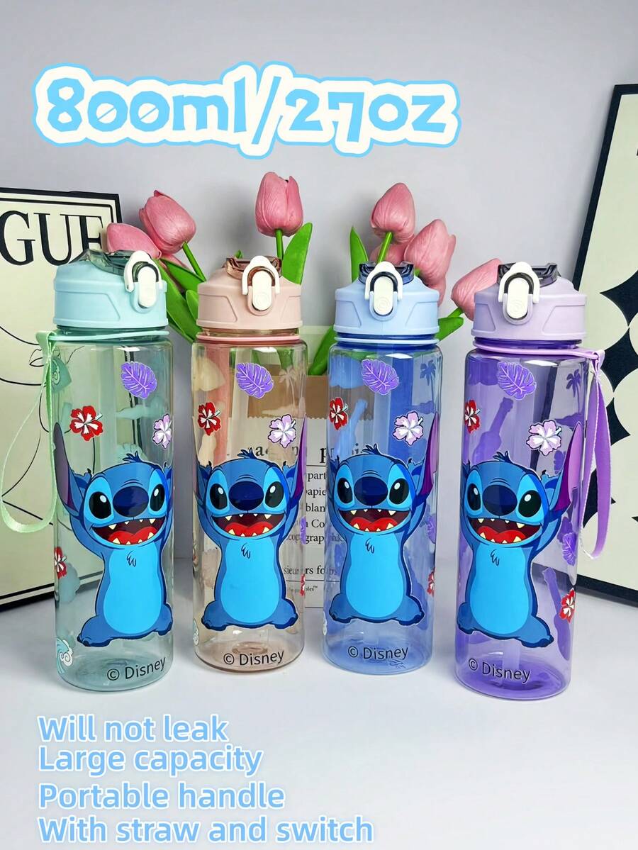 Disney 1 pieza Botella de agua transparente ultra delgada  genuina Stitch de 800ml/27oz en azul, rosa, morado, verde, de gran capacidad con pajita y asa portátil ajustable, regalo de Navidad, regalo de Acción de Gracias, regalo de cumpleaños (algunas partes pueden ser aleatorias)