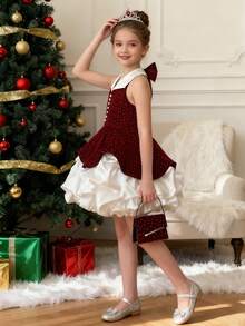 Girls' Vintage Elegant Burgundy Velvet Collar Ruched Bow Tie Dress, Suitable For Prom, Birthday Party, Banquet, Christmas, Wedding, Autumn/Winter