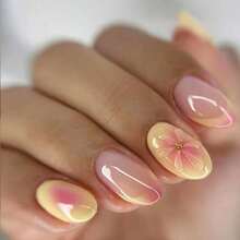 24Pcs Press On Nails Full Cover European-Style - Yellow Gradient With 3D Resin Flower, Premium Quality Reusable Artificial Nails, Glossy Finish & Easy To Apply, Cute Aesthetic For Birthday Party & Daily Outfits,  Manicure Accessories For Women & Girls - 粉色 - 查看 1
