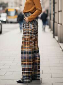 Lightweight Brown Plaid Wide-Leg Trousers For Summer, With Pockets, Versatile For Everyday Wear And Commuting - Màu nâu  Mocha - Xem 4