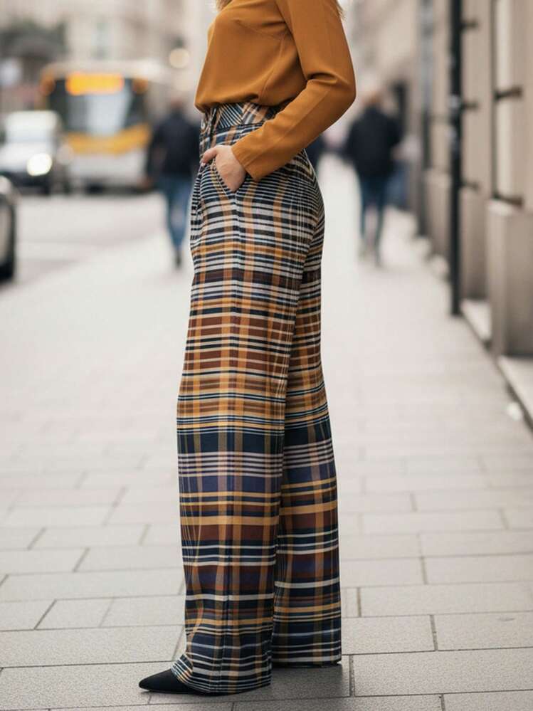 Lightweight Brown Plaid Wide-Leg Trousers For Summer, With Pockets, Versatile For Everyday Wear And Commuting - Mocha Brown - View 4