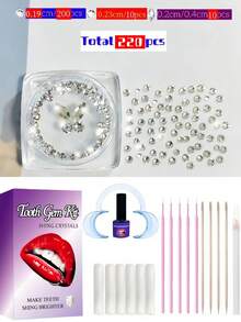 Zestaw 220 sztuk samoprzylepnej biżuterii na zęby, modne akcesoria do zębów z kryształkami, lśniąca biała ozdoba na zęby, płaskie diamenty w kształcie motyli, zestaw materiałów do pielęgnacji zębów, europejski i amerykański styl hip-hopowy w stylu gotyckim Y2K, zawiera wszystkie narzędzia - Zestaw biżuterii zębowej - Zobacz 3