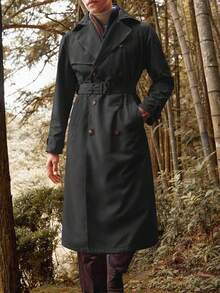 Runcati Mens Trench Coat Double Breasted Belted Windbreaker Jackets Lapel Lightweight Long Jacket Casual Overcoat - 黑色 - 查看 3