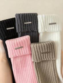 2 Pairs Women's Thick Warm Metal Logo Fashion JK Style Knee High Leg Warmers, Autumn/Winter, Cozy