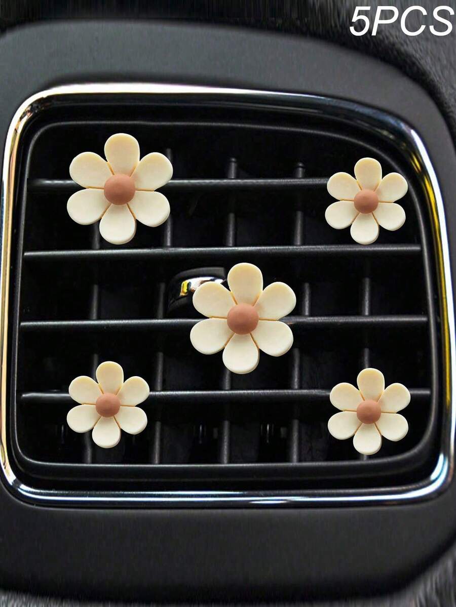5pcs/Set Cute Daisy Car Air Vent Aromatherapy Clip, Car Air Conditioner Decorative Clip, Flower Car Interior Ornament, Car Aromatherapy Decoration - Beige - View 1