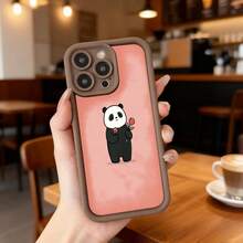 Cubierta de teléfono con borde negro y parte trasera rosa con diseño de panda sosteniendo una flor para uso diario en cafeterías y espacios casuales Aplicable a los teléfonos de la serie Apple y Galaxy - Café integral - Ver 2