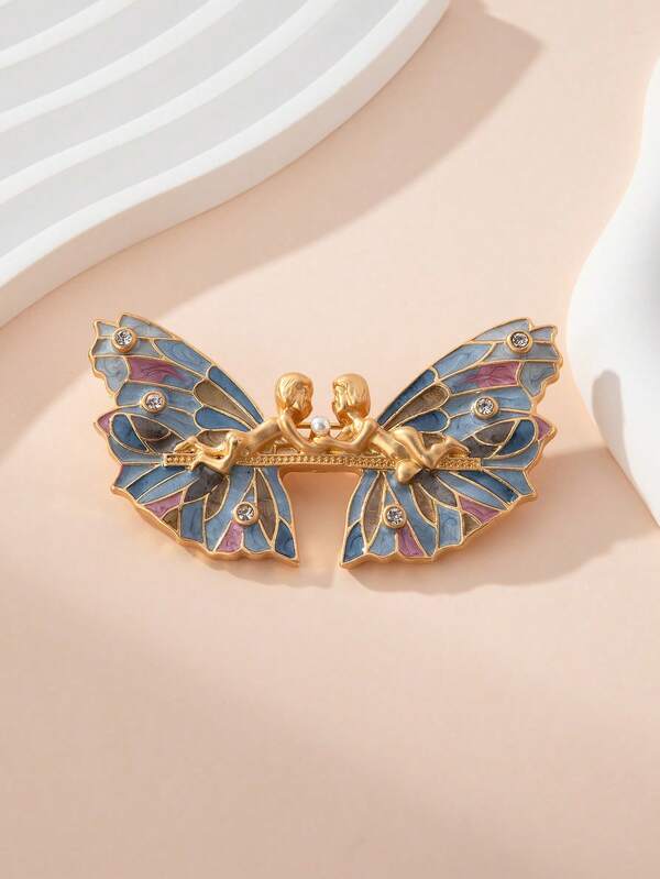 Gold Enamel Butterfly Angel Brooch, Vintage Fairy Tale Style Pin, Niche Design Luxury Accessory. Suitable For Fairy Tale Themed Parties, Vintage-Style Weddings (Paired With Light Wedding Dress Or Outerwear), Art Exhibitions; Can Be Styled With Chiffon Dresses, Cardigans For A Dreamy Vintage European Look, Also Suitable As A Collectible Accessory For Fairy Tale Enthusiasts To Showcase Unique Taste At Book Clubs, Creative Markets, Etc.