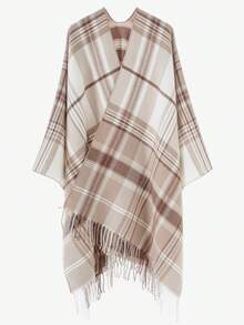 1 chiếc khăn choàng Poncho kẻ sọc ấm áp thời trang dành cho nữ - Màu kaki nhạt - Xem 4